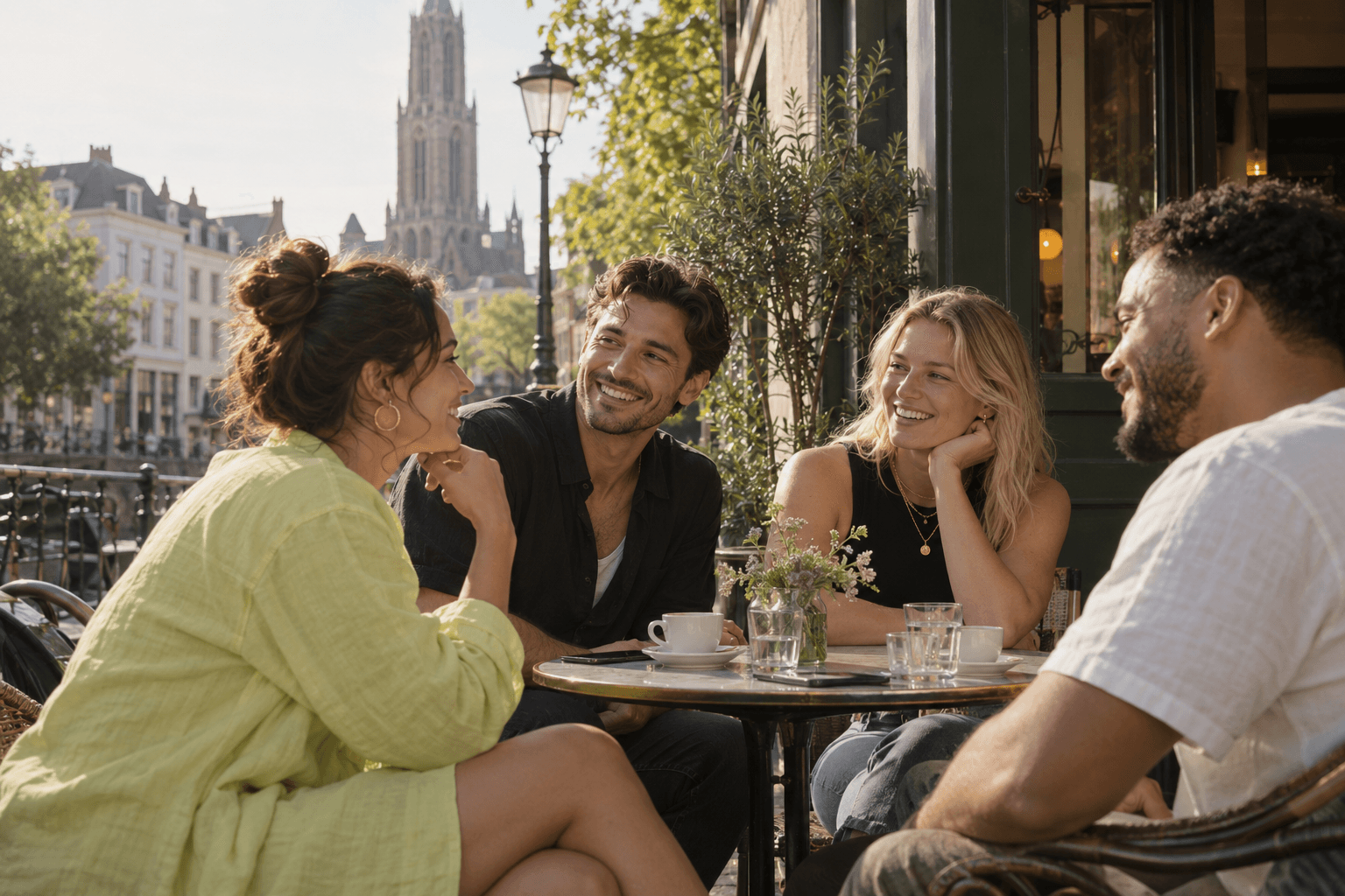 Vier mensen die samen op een terras aan de gracht zitten.